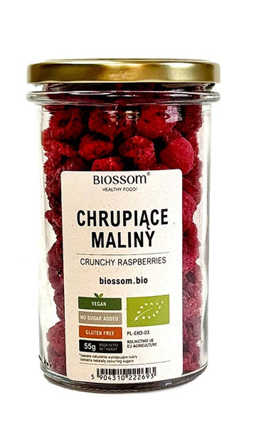 Maliny liofilizowane chrupiące bezglutenowe 55 g - Biossom (EKO)